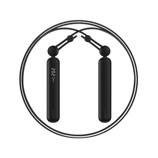 Black Smart Jump Rope with handles, cordless balls, steel wire rope, and storage bag. Connects to app to track jumps and calories burned, Black Smart Jump Rope for effective workouts. Track fitness and burn calories with app connectivity. Multiple modes: corded, cordless, and combined, Sleek black Smart Jump Rope with comfortable handles. Versatile for corded, cordless, or combined skipping. Includes storage bag for portability