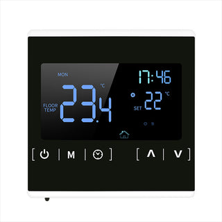 "A household electric floor heating thermostat with a simple design. This thermostat allows you to control the temperature of your floor heating system easily and efficiently."