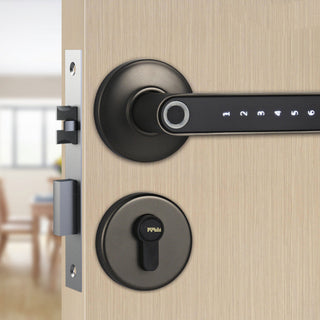 Smart Fingerprint Door Lock (Black/Silver, optional). Keyless entry with fingerprint, smartphone (Bluetooth) & optional password.  Modern design, easy install. Perfect for homes, apartments, offices.