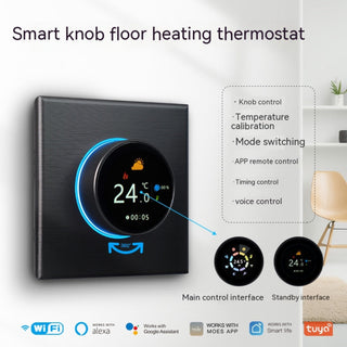 Black Household Electric Floor Heating Thermostat with Touch Key Interface for Precise Temperature Control (5-50°C), Hand using touch key interface on a black Household Electric Floor Heating Thermostat, Close-up of black Household Electric Floor Heating Thermostat displaying temperature and touch key options, Household Electric Floor Heating Thermostat (black) installed next to an electric floor heating system (if applicable)