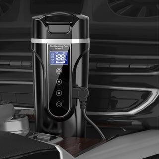Leakproof Car Mug with Digital Display (400ml). Heats water, boils noodles & coffee. Food-grade material. Touch control. Detachable cord. For car & home use.