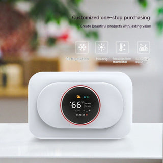 Graffiti Smart WiFi Thermostat Panel for Smartphone App Control, Precise Temperature & Energy Savings, Smartphone in hand adjusting temperature on a modern WiFi thermostat panel (Graffiti Smart), Close-up of Graffiti Smart WiFi Thermostat Panel showing clear display and buttons