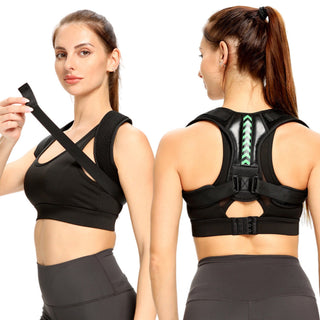 Black adjustable back posture corrector belt with breathable, latex-free straps. Improves posture and relieves pain in back, neck, shoulders, and clavicle, Improve posture and reduce back pain with this comfortable, adjustable back brace. Wear discreetly under or over clothing for confident alignment throughout the day, Breathable, latex-free posture corrector belt in black with adjustable straps. Promotes proper posture for pain relief and a confident look