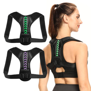 Black adjustable back posture corrector belt with breathable, latex-free straps. Improves posture and relieves pain in back, neck, shoulders, and clavicle, Improve posture and reduce back pain with this comfortable, adjustable back brace. Wear discreetly under or over clothing for confident alignment throughout the day, Breathable, latex-free posture corrector belt in black with adjustable straps. Promotes proper posture for pain relief and a confident look