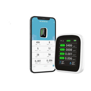 Portable 8-in-1 Air Quality Monitor measuring indoor pollution levels.