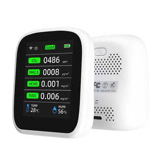Smart Air Quality Monitor with digital display tracking CO2, PM2.5, and TVOC levels.