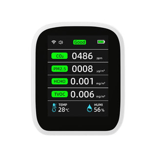 USB rechargeable smart air monitor with LCD display and multiple sensors.